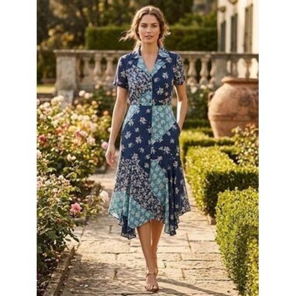 Nanette Lepore Shirt Dress High Low Floral Colorblock Tie Waist Blue Size 6